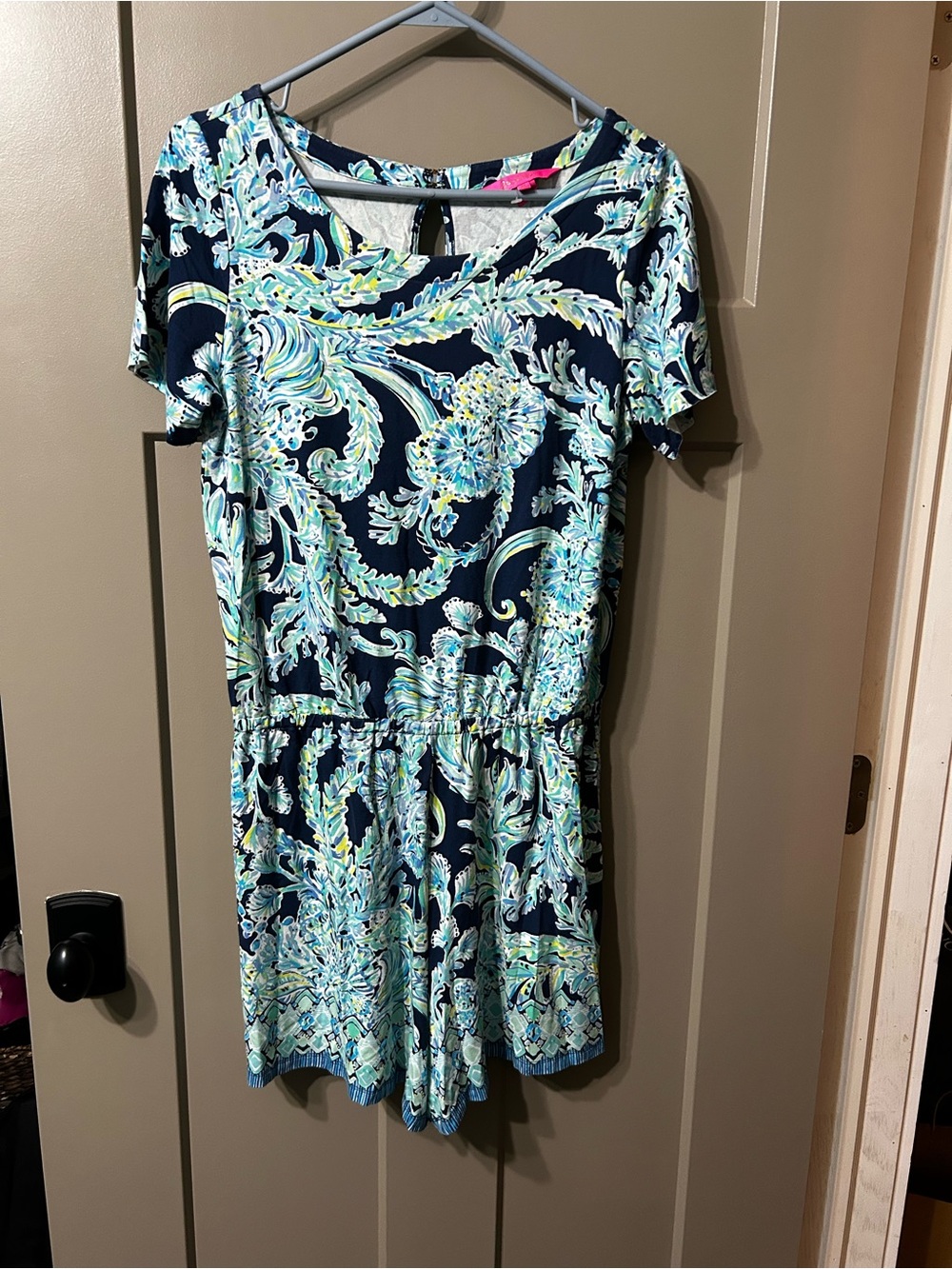Lilly Pulitzer Lula Romper in the navy and turquoise "It's For Shore" print